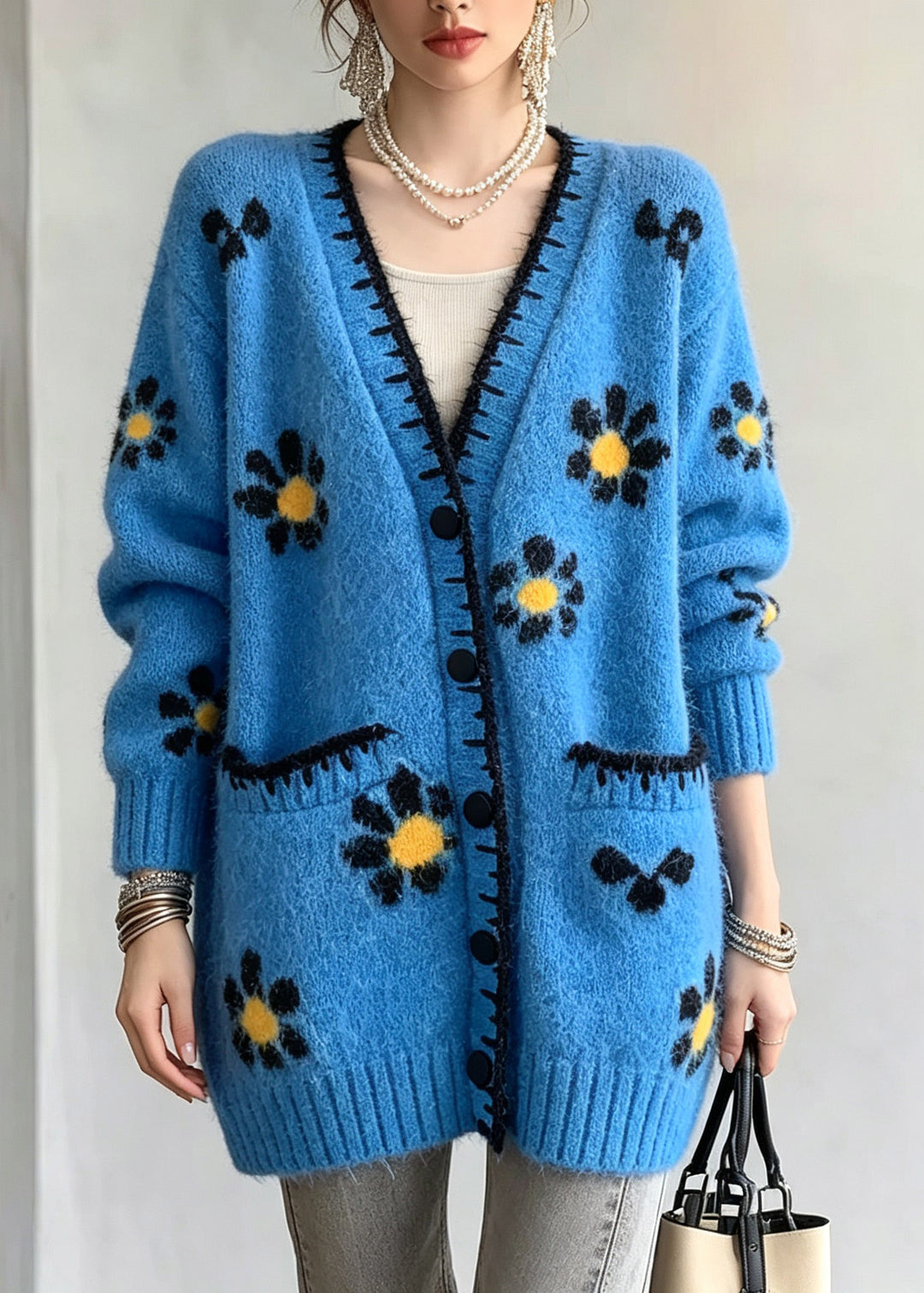 Boutique Blue V Neck Print Cotton Knit Cardigan Fall