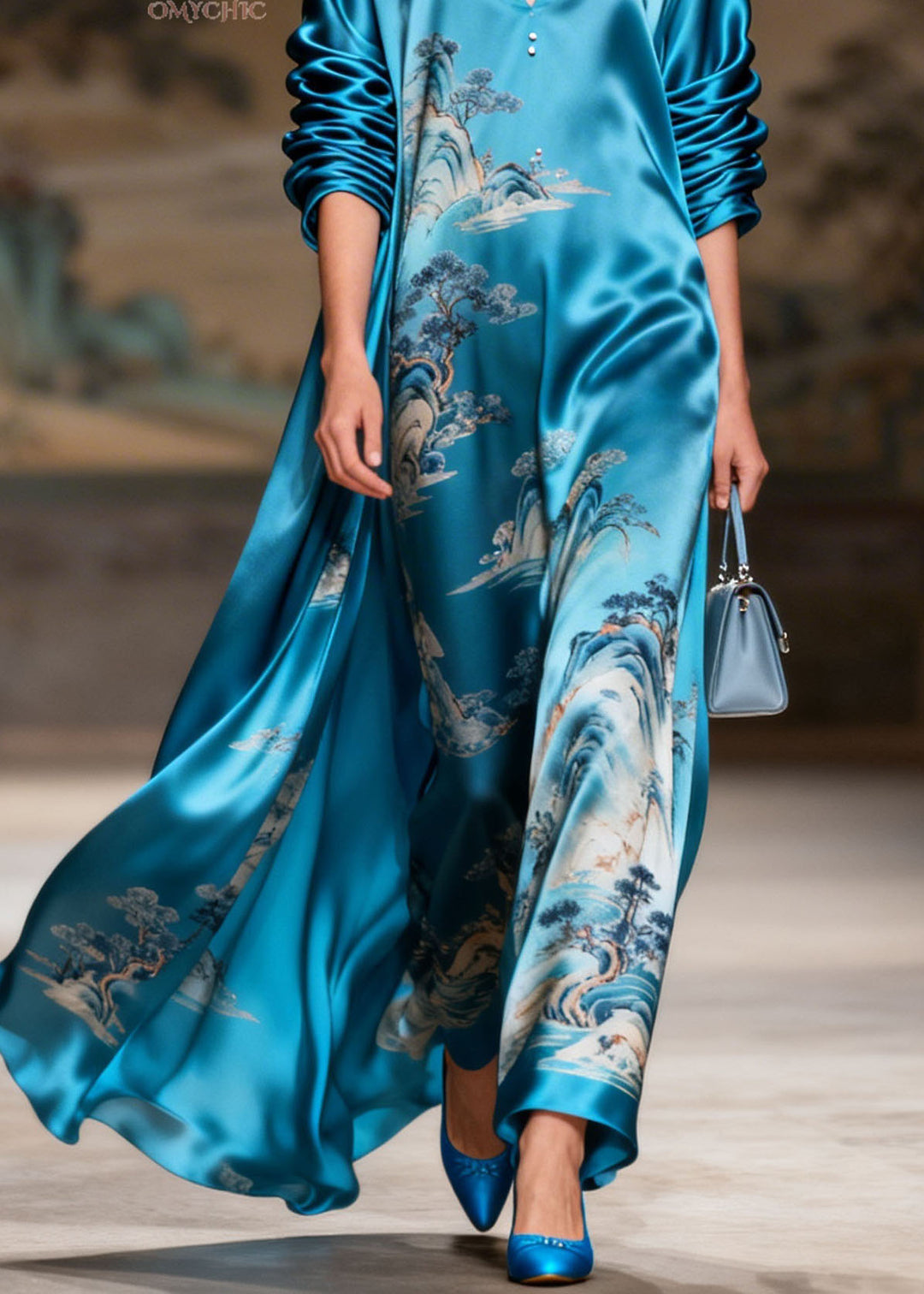 Boutique Blue V Neck Print Silk Long Dress Summer