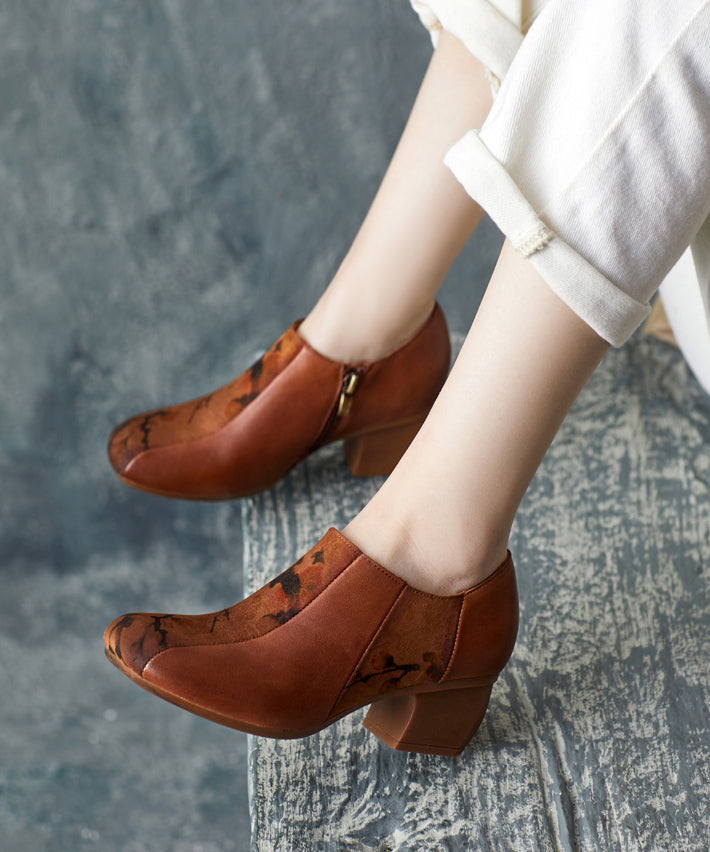 Boutique Brown Chunky Cowhide Leather Embossed High Heels