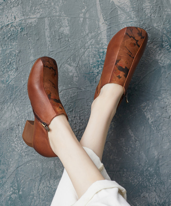 Boutique Brown Chunky Cowhide Leather Embossed High Heels