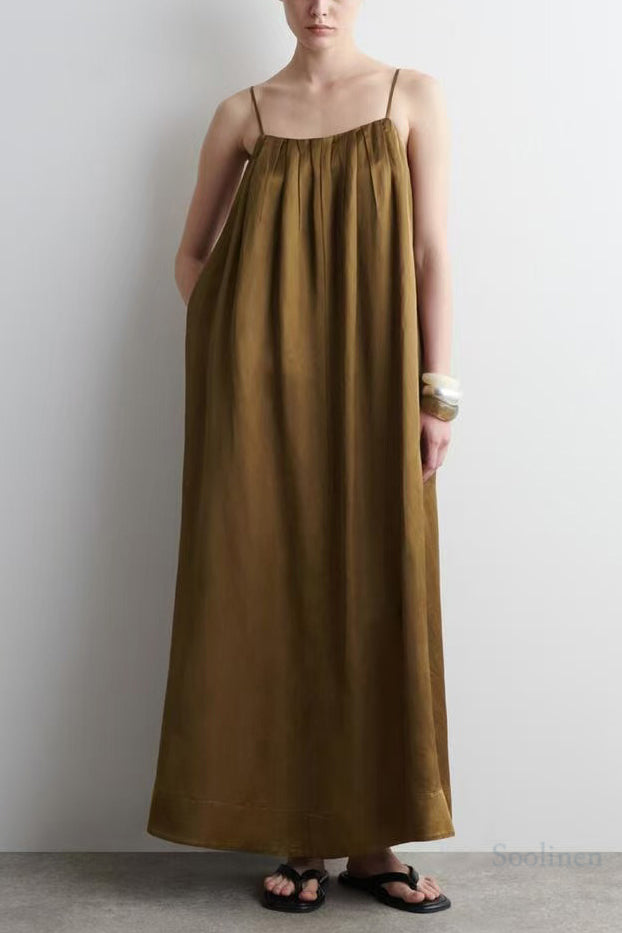 Boutique Brown Oversized Wrinkled Linen Spaghetti Strap Dress Summer