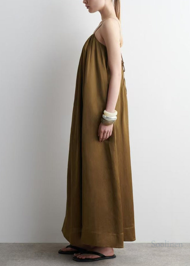 Boutique Brown Oversized Wrinkled Linen Spaghetti Strap Dress Summer