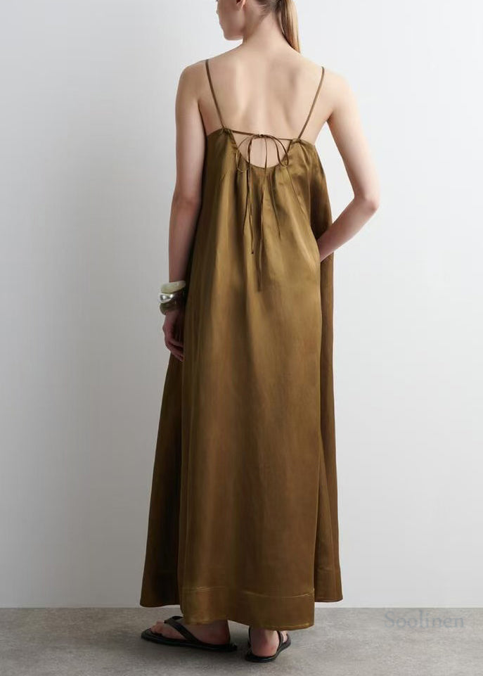 Boutique Brown Oversized Wrinkled Linen Spaghetti Strap Dress Summer