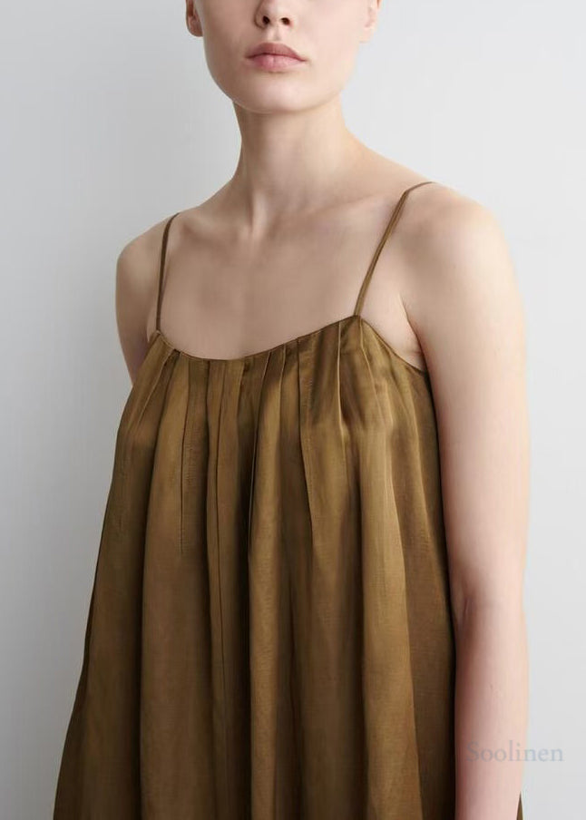 Boutique Brown Oversized Wrinkled Linen Spaghetti Strap Dress Summer