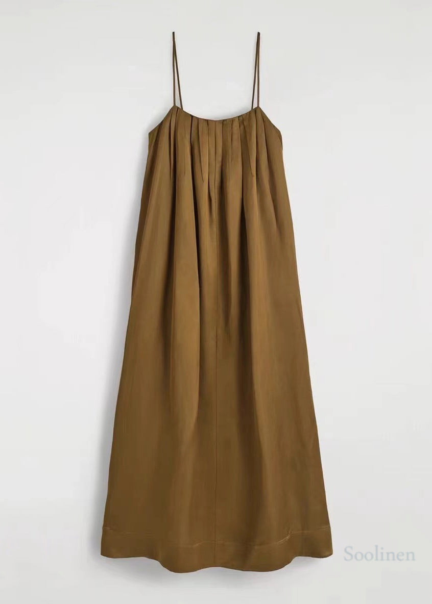 Boutique Brown Oversized Wrinkled Linen Spaghetti Strap Dress Summer