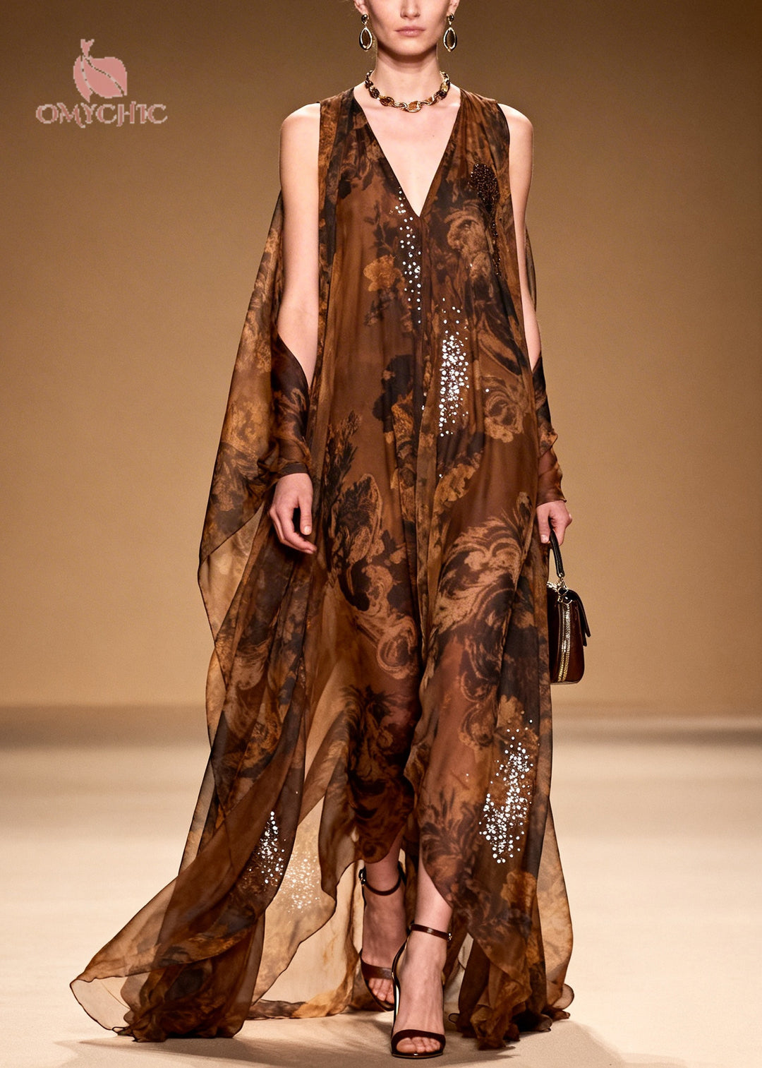 Boutique Brown Print With Rhinestone Silk Robe Dresses Summer