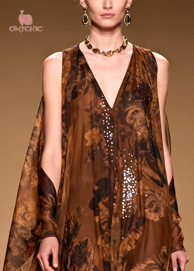 Boutique Brown Print With Rhinestone Silk Robe Dresses Summer