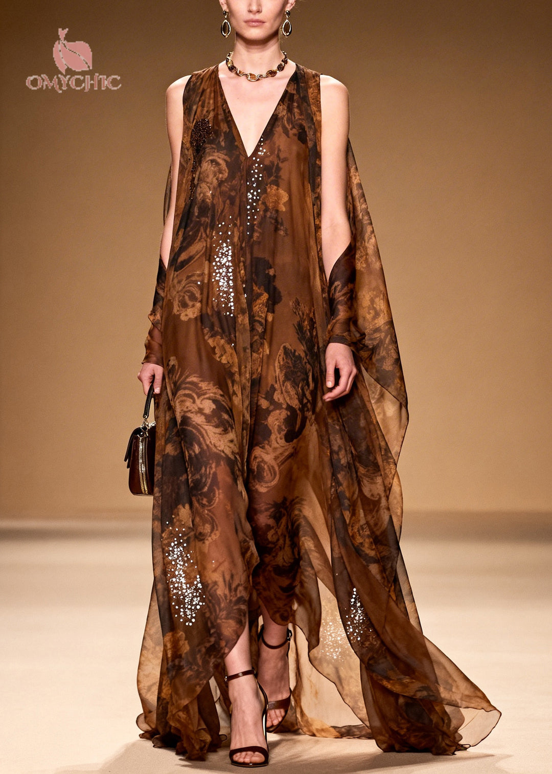 Boutique Brown Print With Rhinestone Silk Robe Dresses Summer