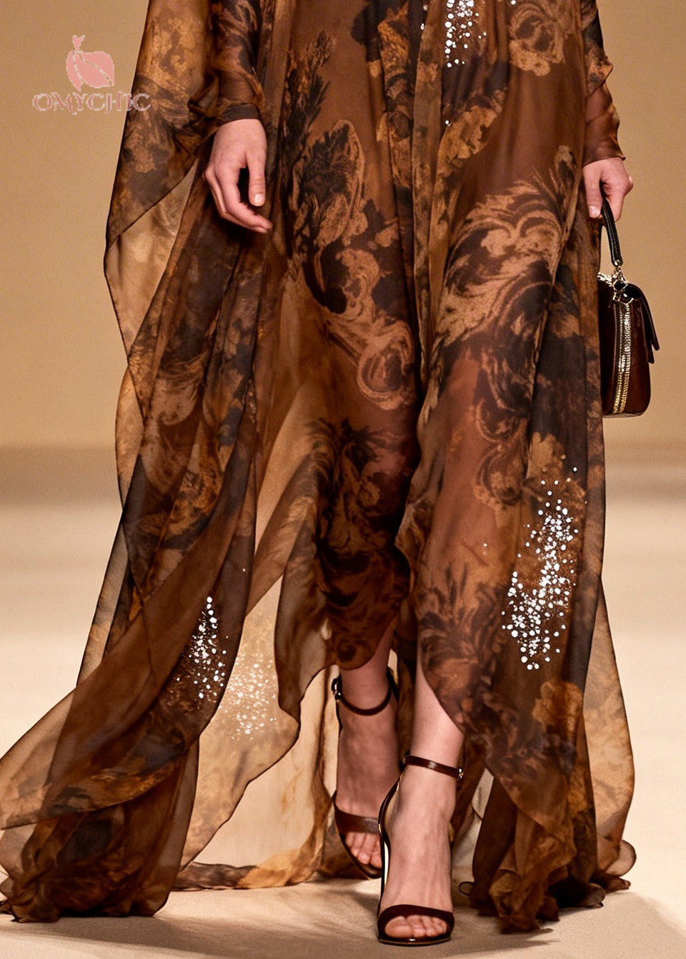 Boutique Brown Print With Rhinestone Silk Robe Dresses Summer