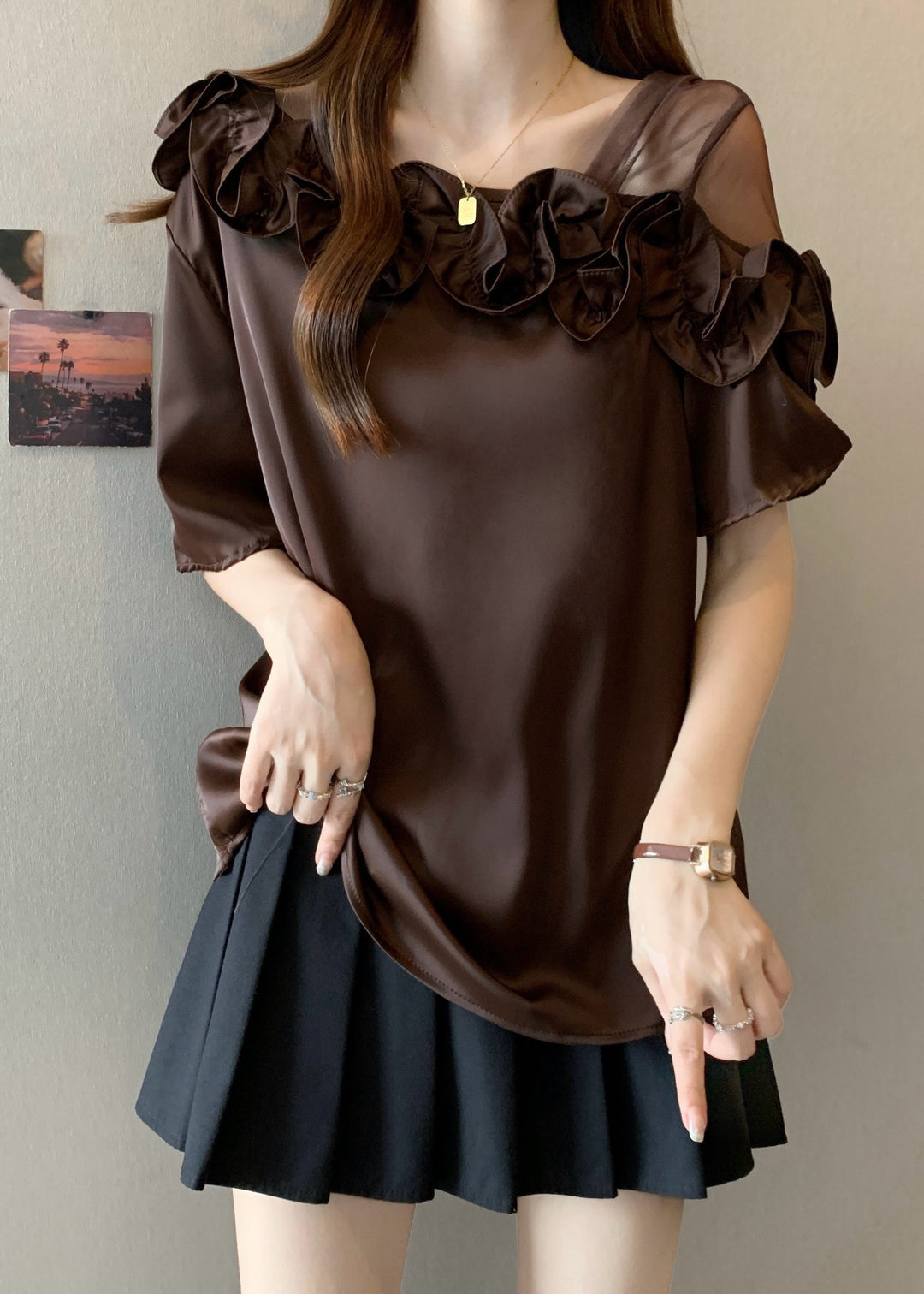 Boutique Brown Ruffled One Shoulder Shirt Tops Summer