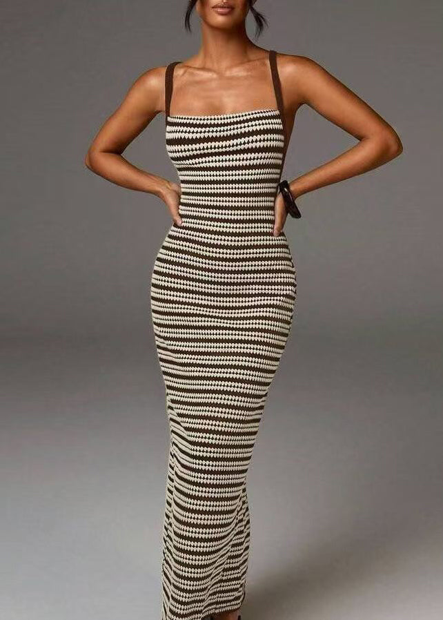 Boutique Brown Striped Backless Cross Strap Knit Long Dress Summer