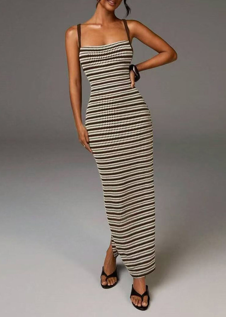 Boutique Brown Striped Backless Cross Strap Knit Long Dress Summer