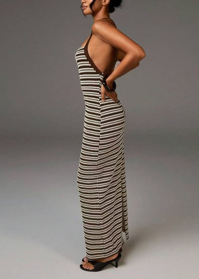 Boutique Brown Striped Backless Cross Strap Knit Long Dress Summer