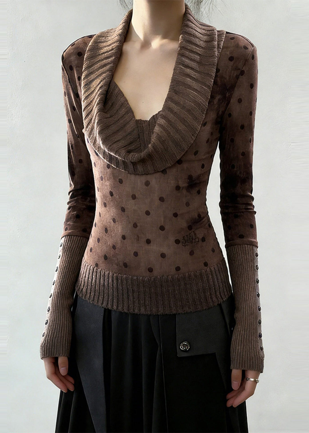 Boutique Brown Turtle Neck Patchwork Cotton Shirt Top Spring