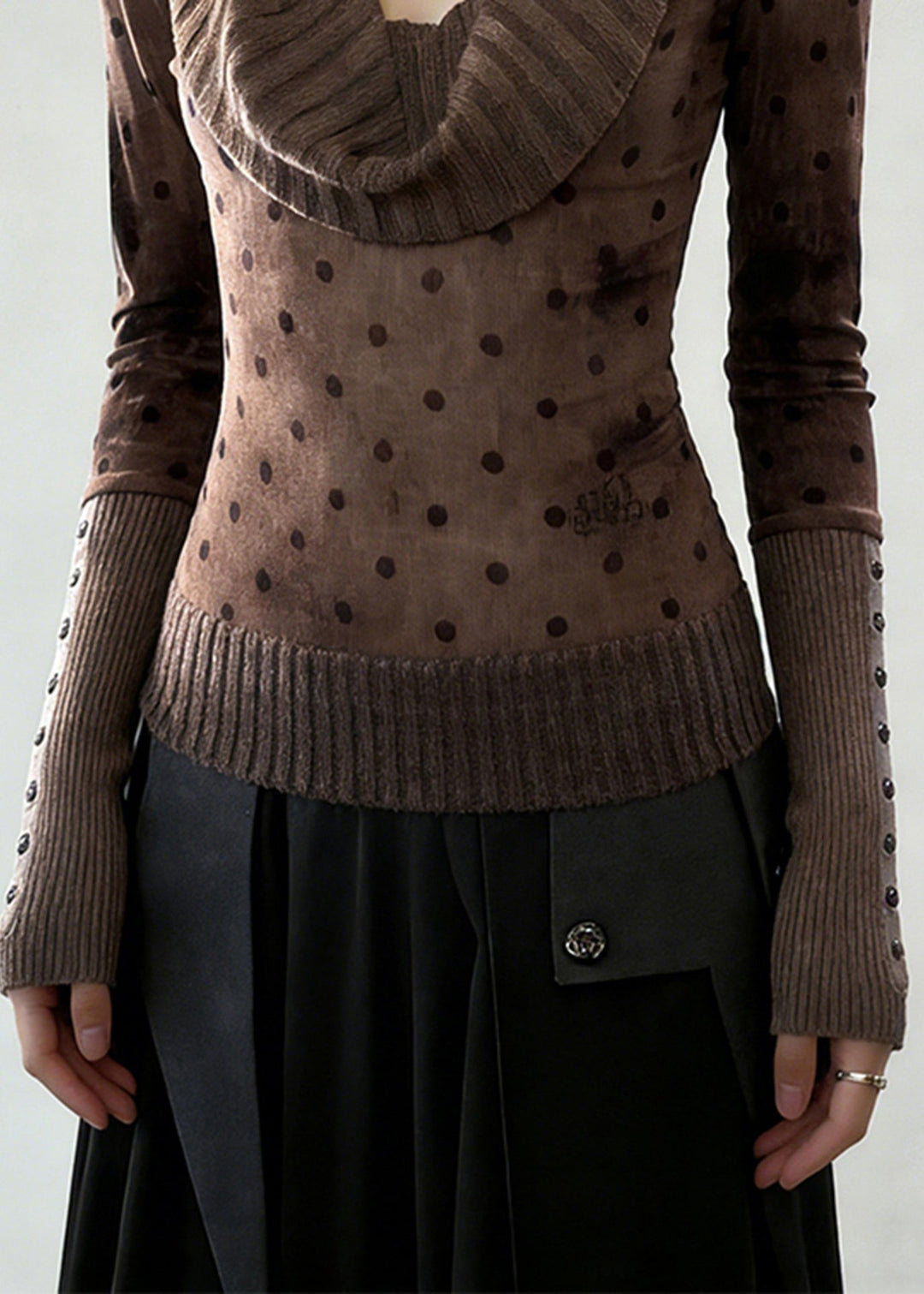 Boutique Brown Turtle Neck Patchwork Cotton Shirt Top Spring