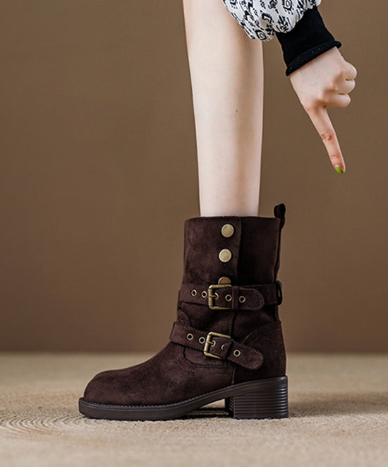 Boutique Buckle Strap Splicing Chunky Boots Khaki Suede