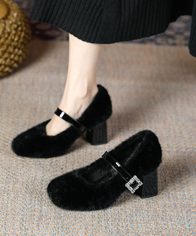 Boutique Buckle Strap Splicing Chunky Heel Black Rabbit Wool