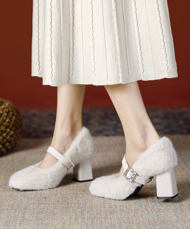 Boutique Buckle Strap Splicing Chunky Heel Black Rabbit Wool