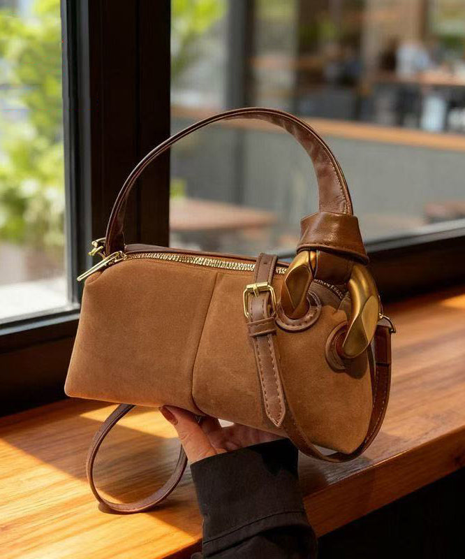 Boutique Camel Solid Durable Patchwork Fine Suede Tote Handbag