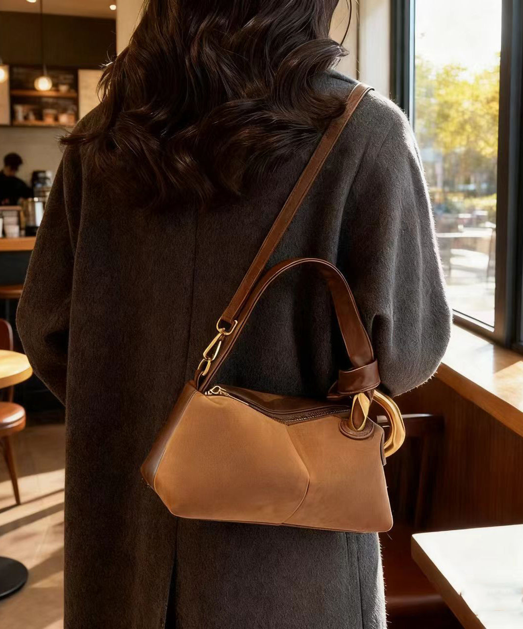 Boutique Camel Solid Durable Patchwork Fine Suede Tote Handbag