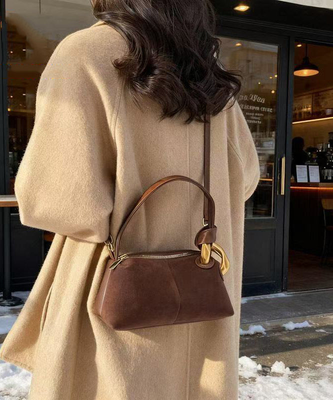 Boutique Camel Solid Durable Patchwork Fine Suede Tote Handbag