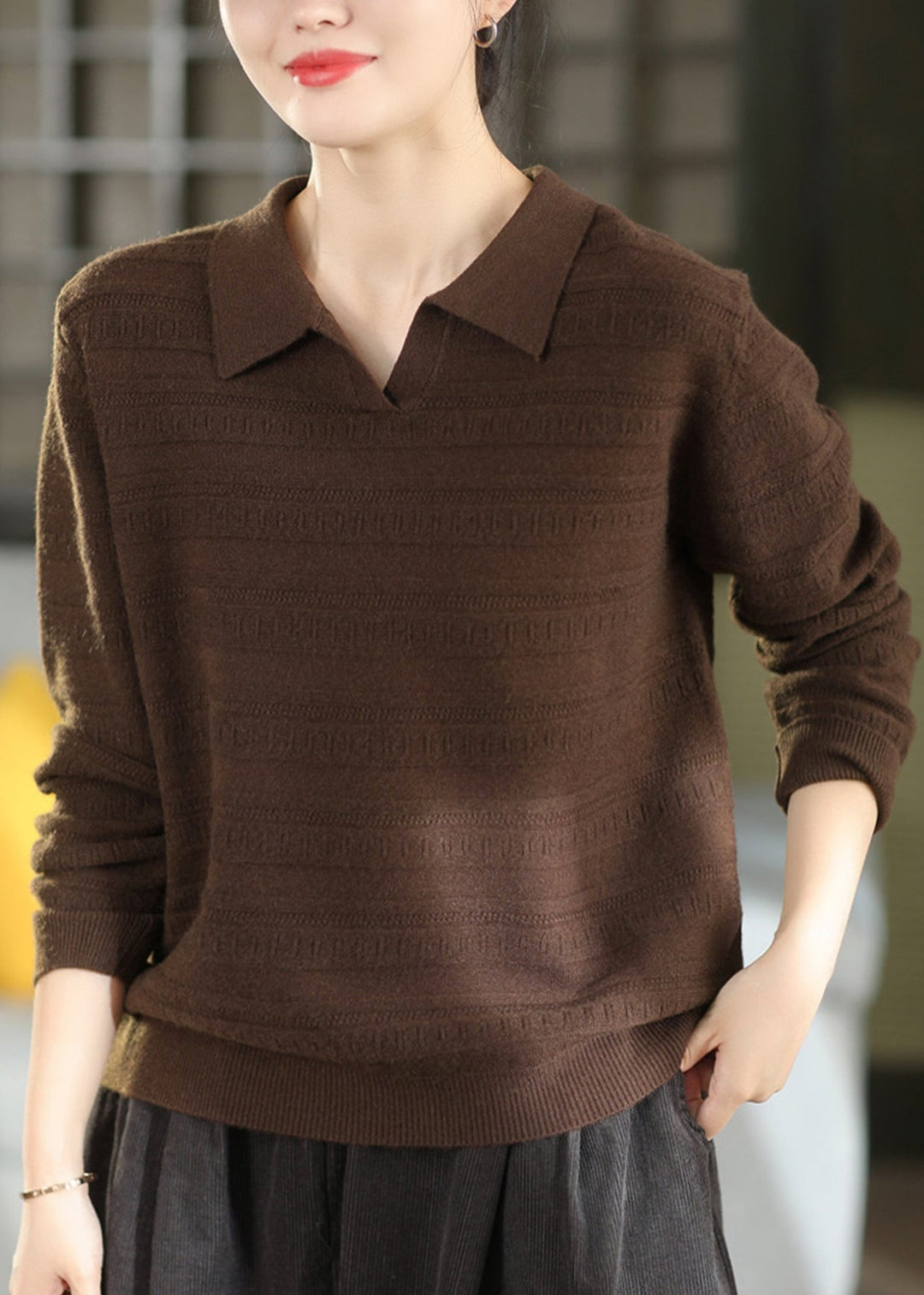 Boutique Caramel Peter Pan Collar Jacquard Knit Sweaters Fall