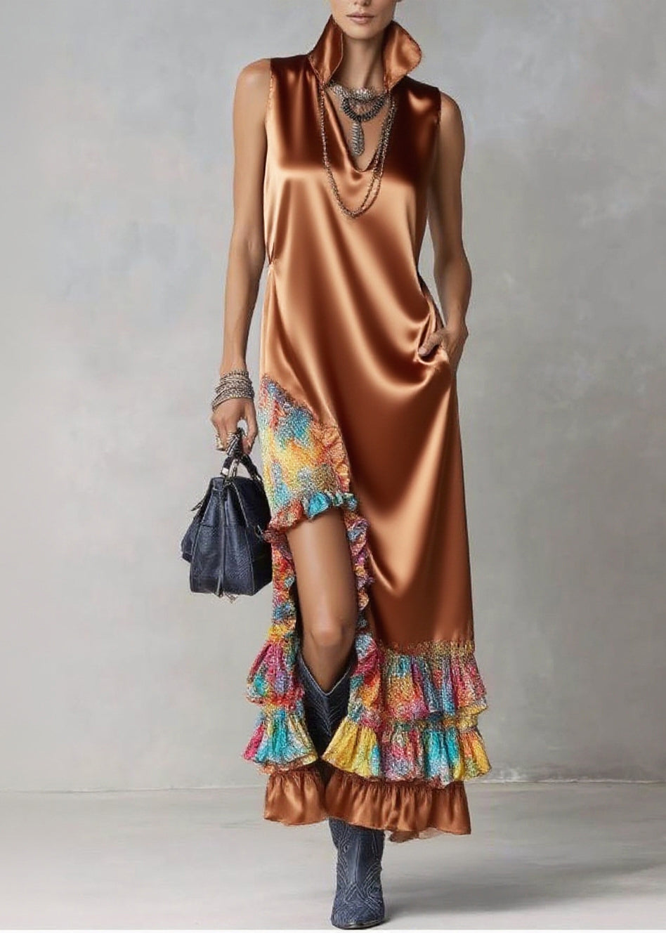 Boutique Caramel Ruffled Asymmetrical Design Silk Dress Sleeveless