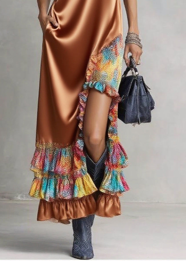 Boutique Caramel Ruffled Asymmetrical Design Silk Dress Sleeveless