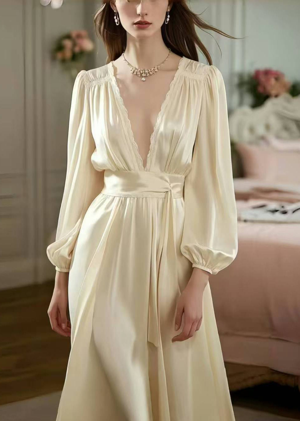 Boutique Champagne Deep-V Neck Draping Silk Long Dress Spring