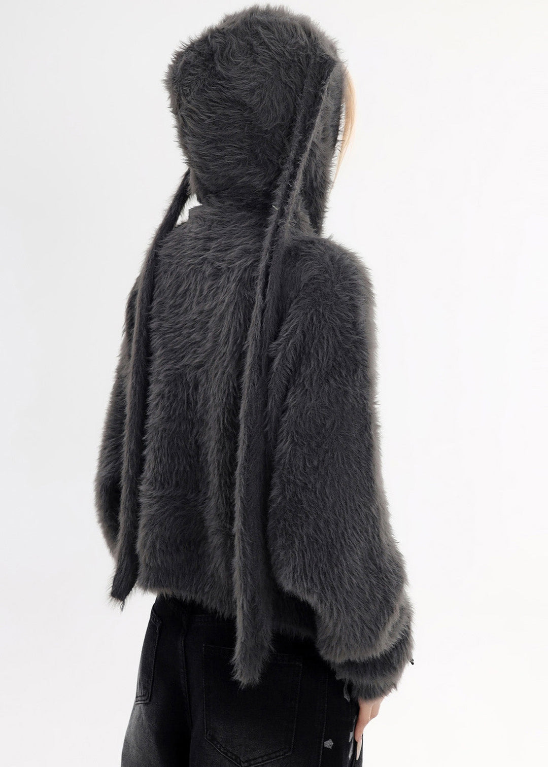 Boutique Charcoal Grey Rabbit Ears Hooded Mink Velvet Knitted Cardigans Winter