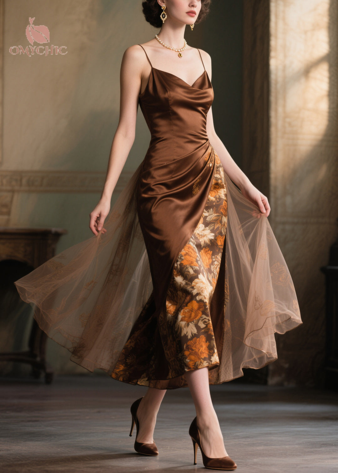 Boutique Chocolate Print Patchwork Tulle Cami Dress Summer