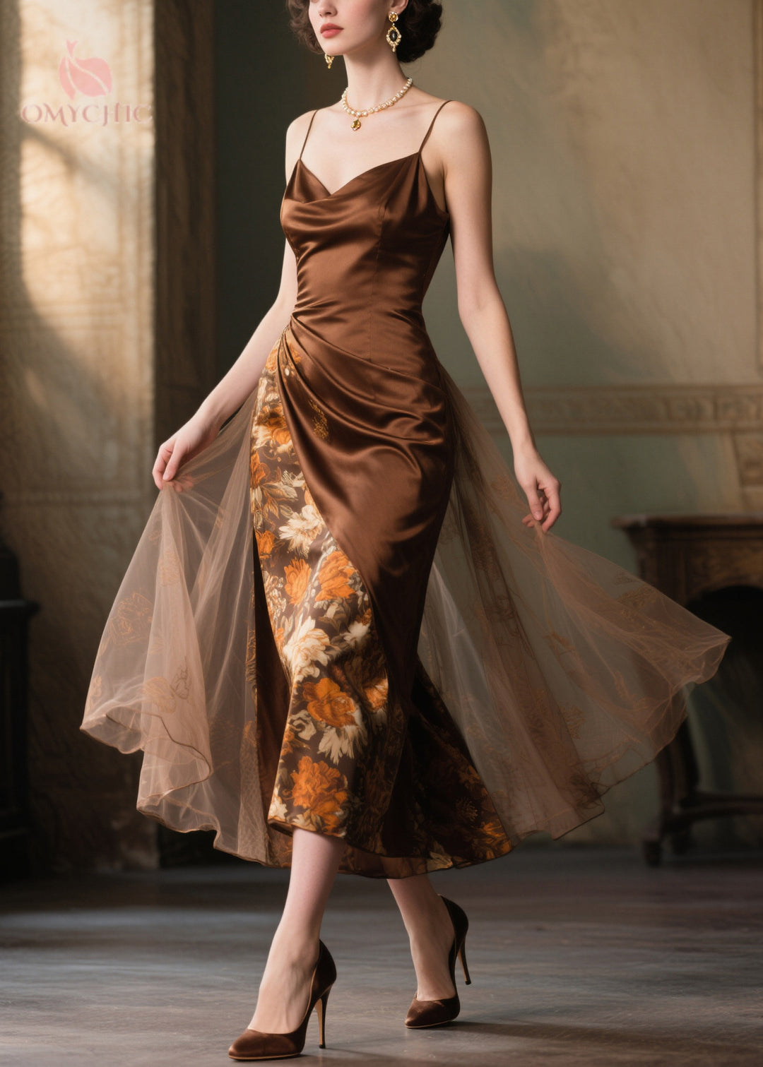 Boutique Chocolate Print Patchwork Tulle Cami Dress Summer