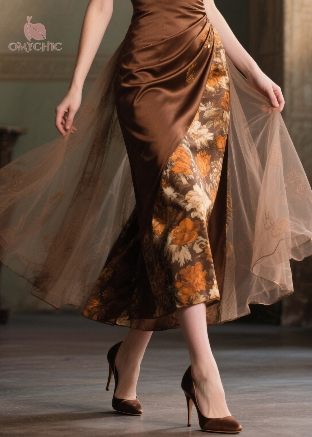Boutique Chocolate Print Patchwork Tulle Cami Dress Summer