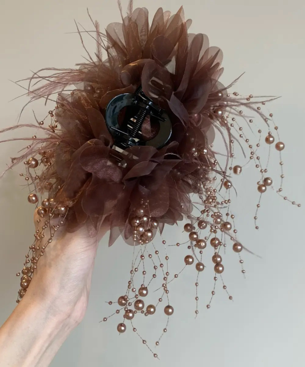 Boutique Coffee Alloy Peony Flower Feathers Tassel Hairpin