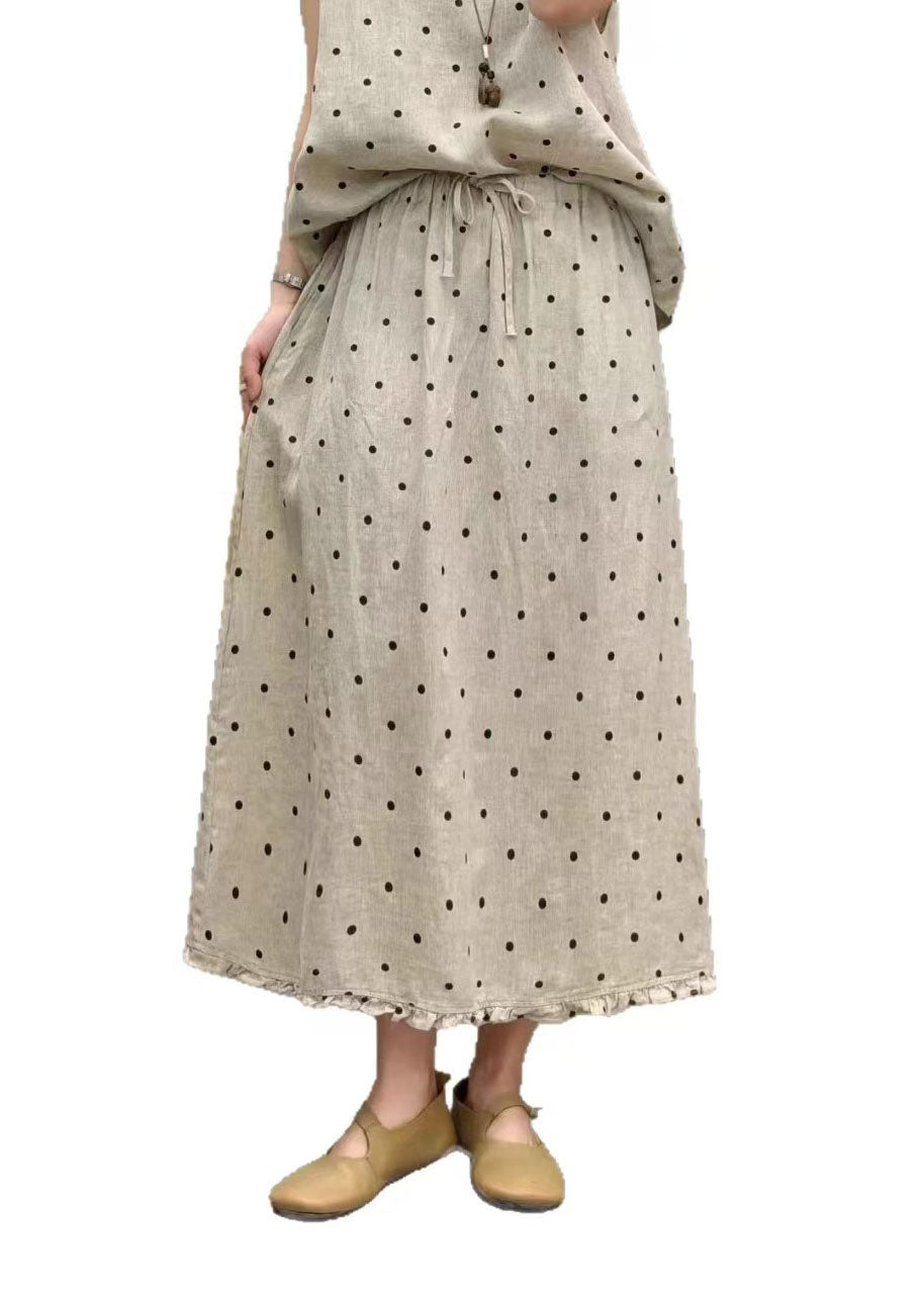 Boutique Coffee Dot Ruffled Pockets Patchwork Linen Skirts Summer