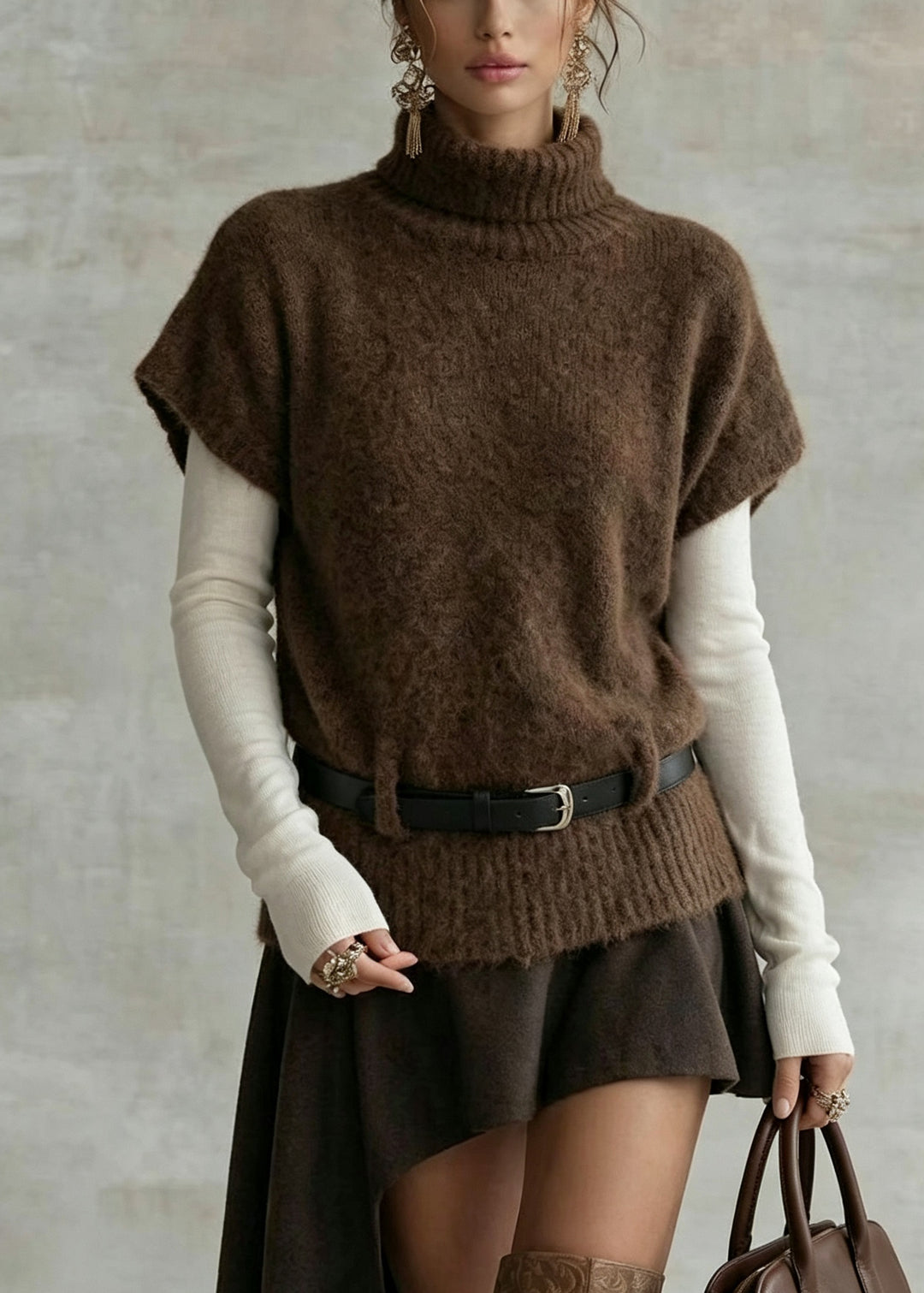 Boutique Coffee Hign Neck Patchwork Knit Vest Top Fall