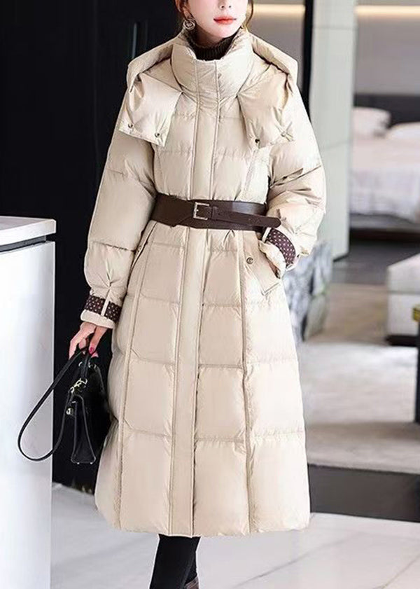 Boutique Coffee Hooded Sashes Duck Down Puffer Coat Winter