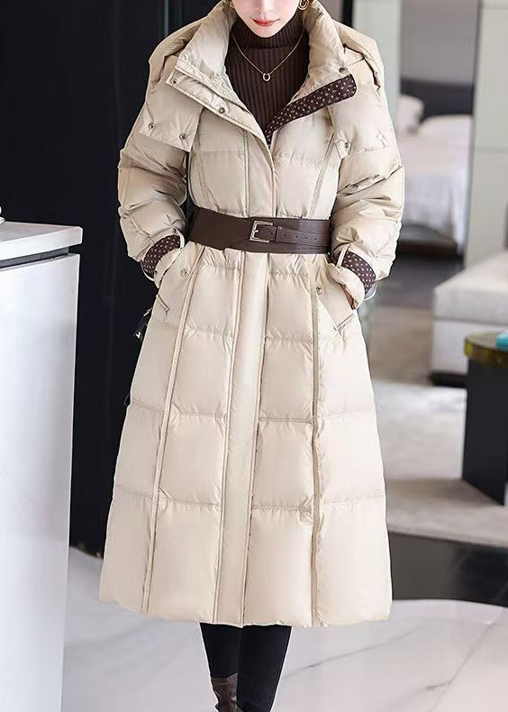 Boutique Coffee Hooded Sashes Duck Down Puffer Coat Winter