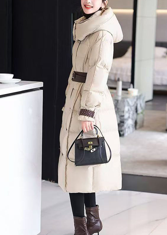 Boutique Coffee Hooded Sashes Duck Down Puffer Coat Winter