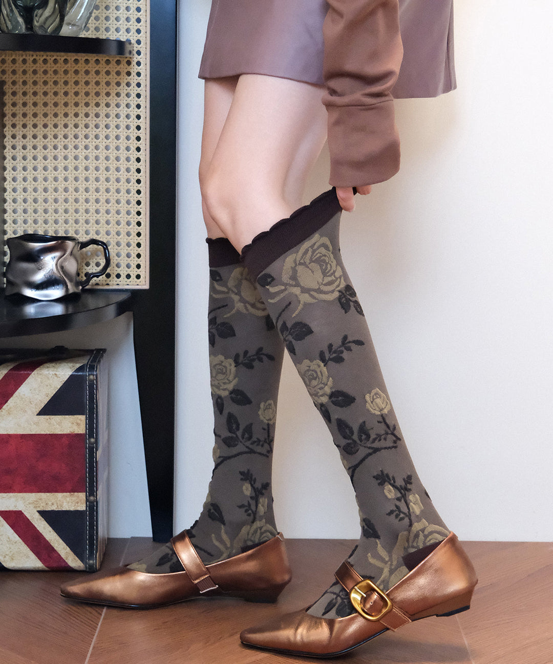 Boutique Coffee Jacquard Cotton Over The Calf Socks
