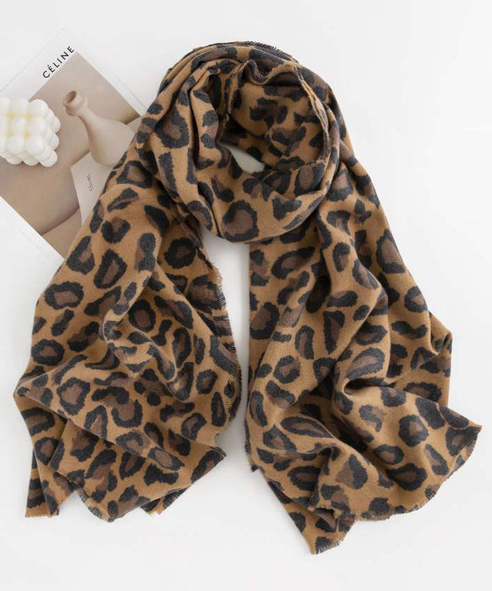 Boutique Coffee Leopard Tasseled Faux Cashmere Scarf
