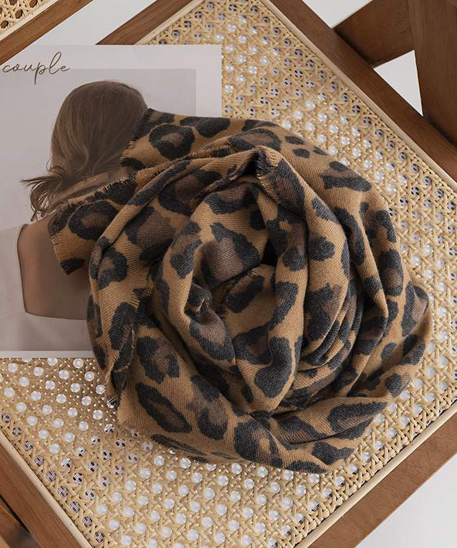 Boutique Coffee Leopard Tasseled Faux Cashmere Scarf