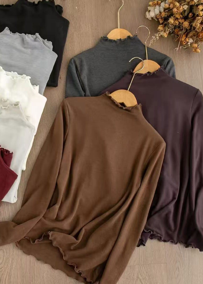 Boutique Coffee Ruffled Cotton Blouse Tops Fall