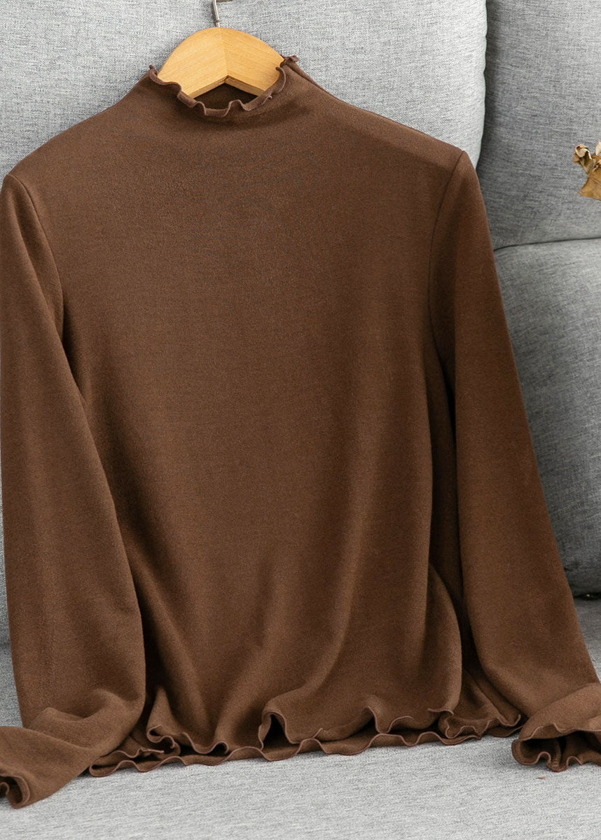 Boutique Coffee Ruffled Cotton Blouse Tops Fall