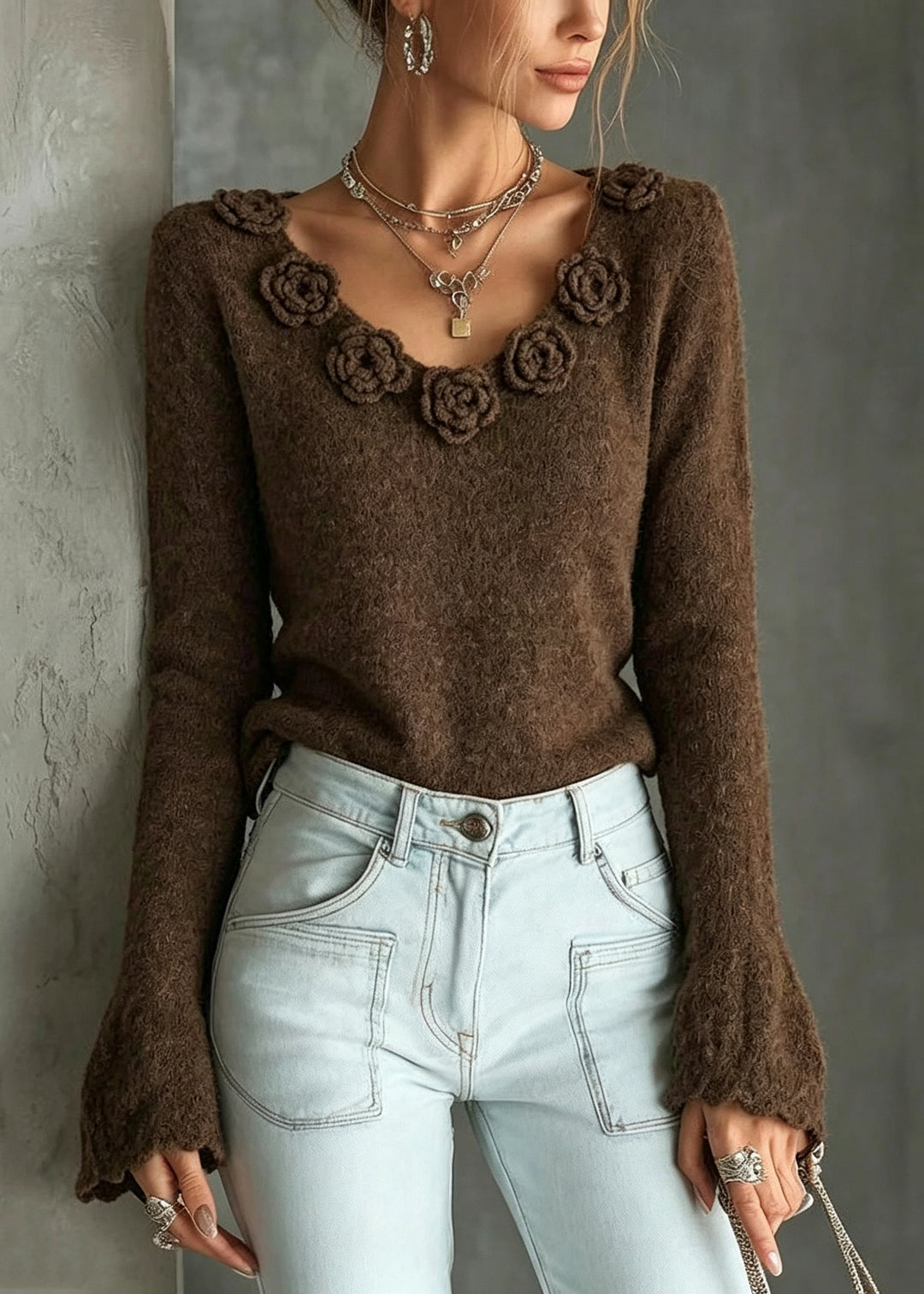 Boutique Coffee V Neck Floral Knit Sweaters Flare Sleeve