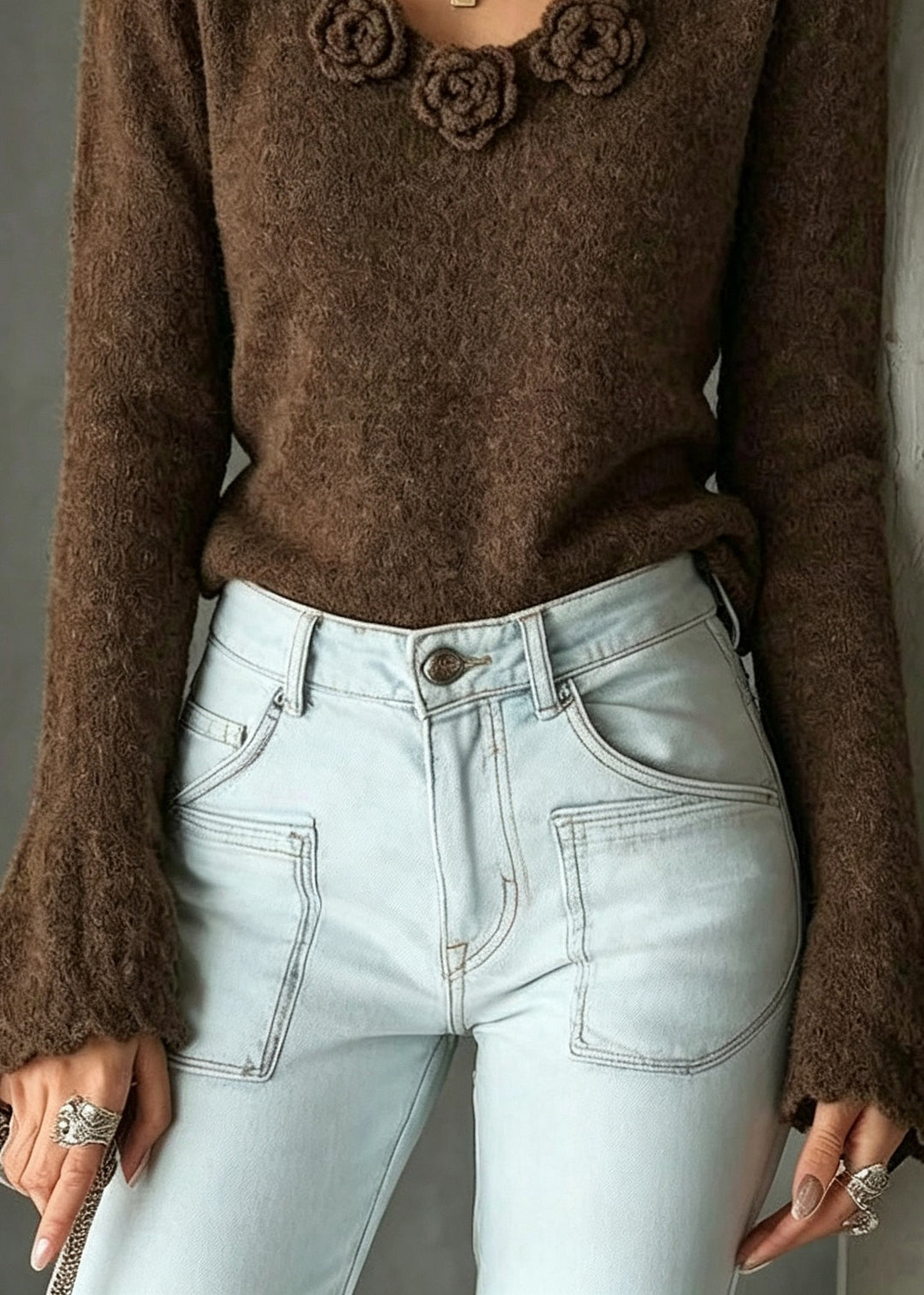 Boutique Coffee V Neck Floral Knit Sweaters Flare Sleeve