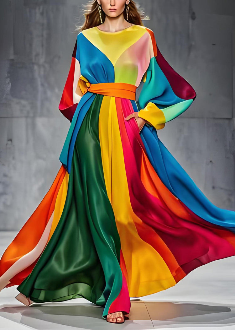 Boutique Colorblock O Neck Tie Waist Patchwork Silk Dresses Long Sleeve - Omychic