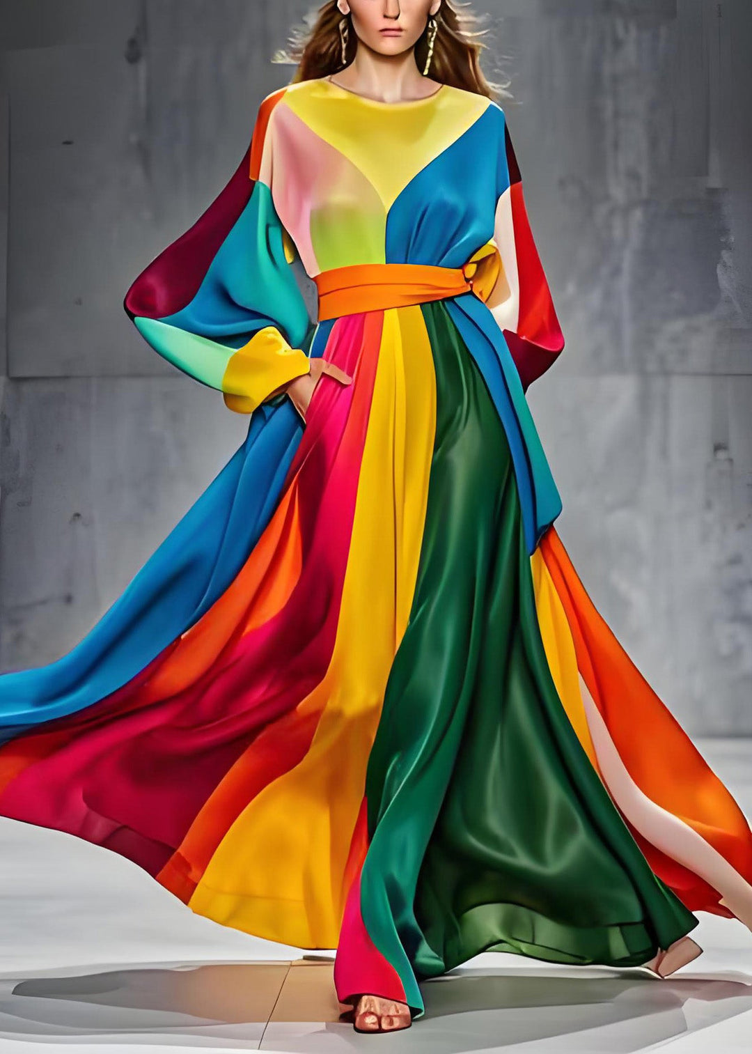 Boutique Colorblock O Neck Tie Waist Patchwork Silk Dresses Long Sleeve - Omychic