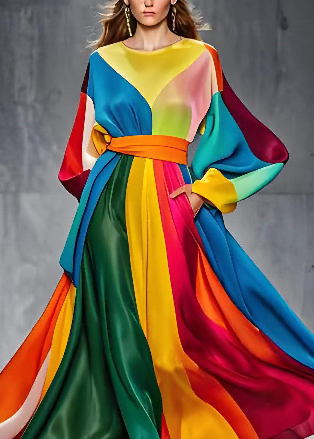 Boutique Colorblock O Neck Tie Waist Patchwork Silk Dresses Long Sleeve - Omychic