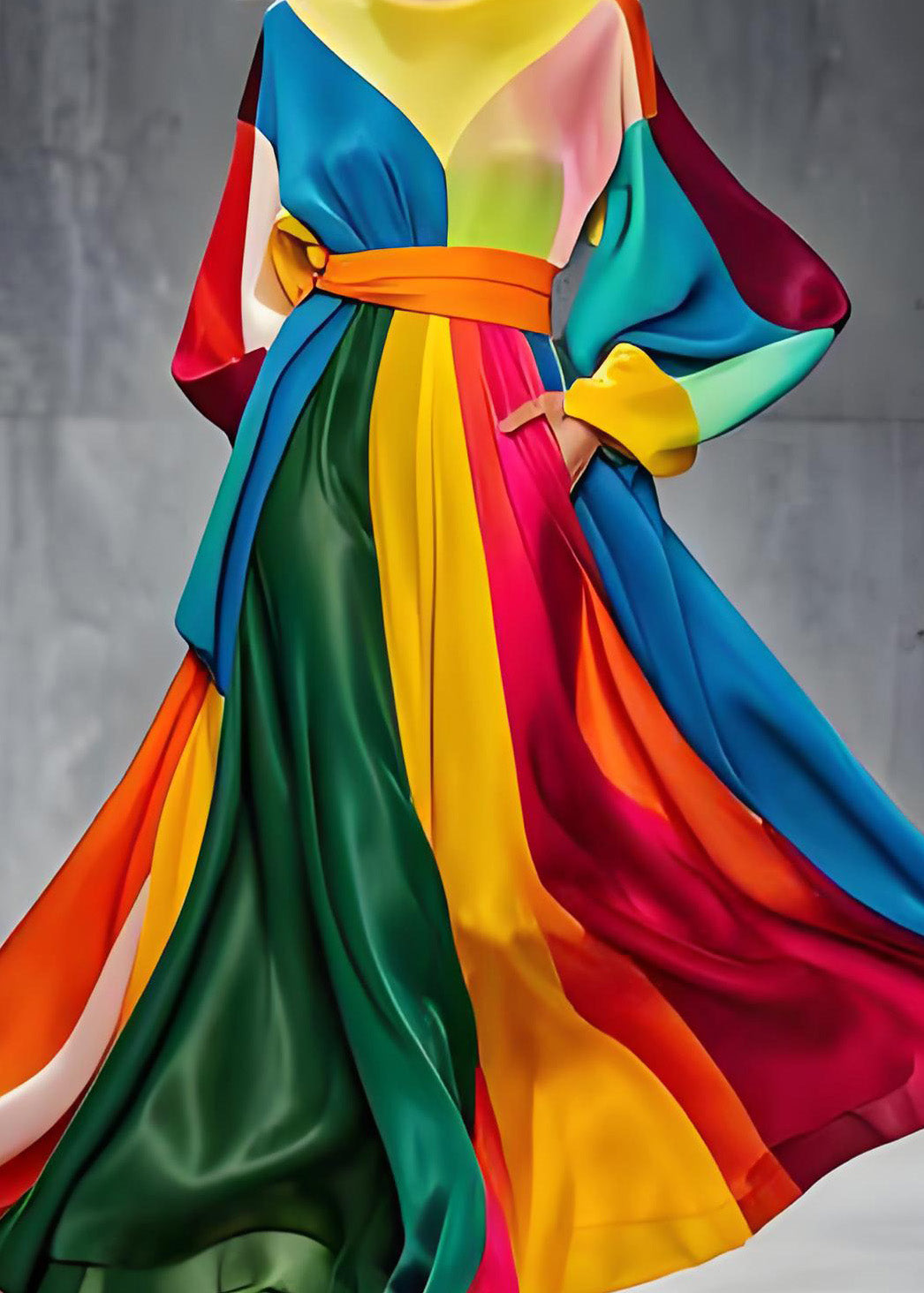 Boutique Colorblock O Neck Tie Waist Patchwork Silk Dresses Long Sleeve - Omychic